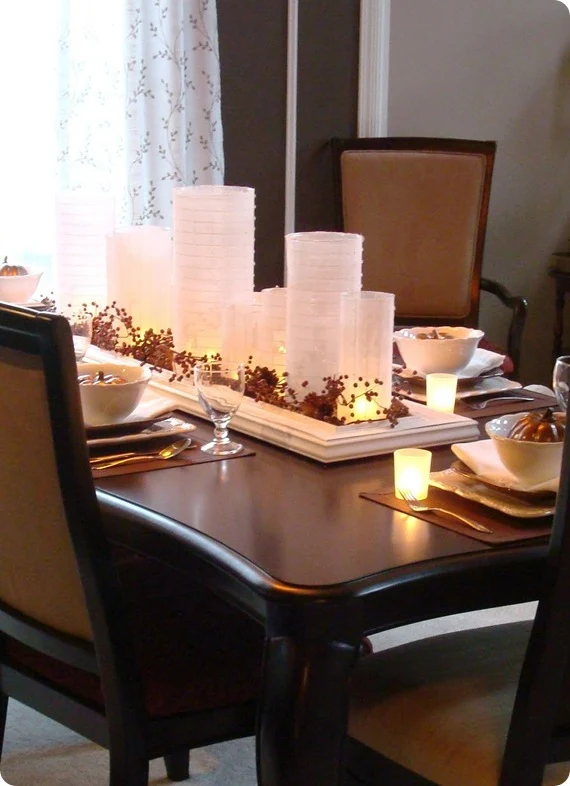 dark wood table with fall bead centerpiece